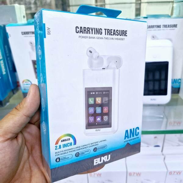 BUKU Carrying Treasure A98 - 3'ü 1 Arada Powerbank (8000mAh), TWS Bluetooth Kulaklık, AMOLED Dokunmatik Ekranlı Akıllı Cihaz - ANC Gürültü Engelleme, Telefon Şarj, Müzik ve Çağrı Kontrol
