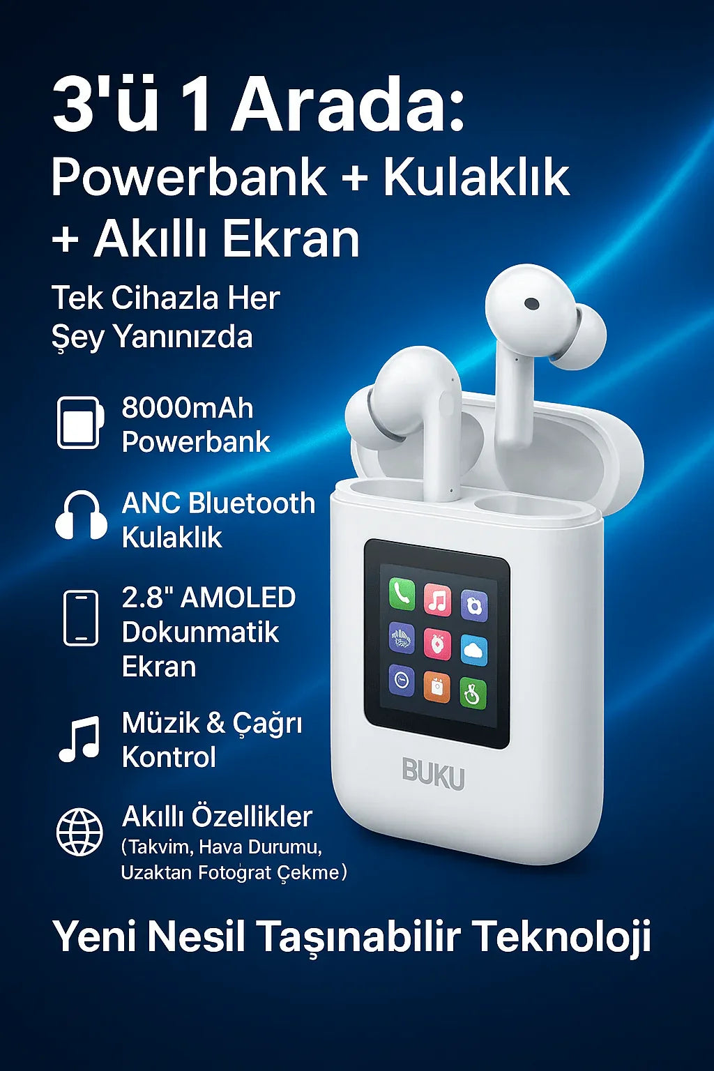 BUKU Carrying Treasure A98 - 3'ü 1 Arada Powerbank (8000mAh), TWS Bluetooth Kulaklık, AMOLED Dokunmatik Ekranlı Akıllı Cihaz - ANC Gürültü Engelleme, Telefon Şarj, Müzik ve Çağrı Kontrol