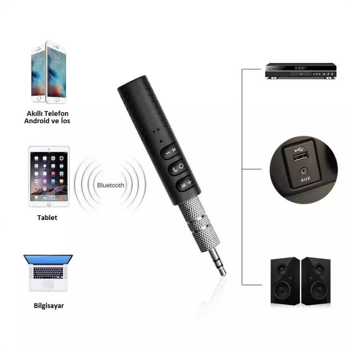 Car araç bluetooth aux 3,5mm kiti android ios uyumlu