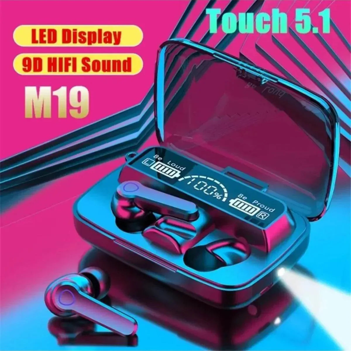M19 mikrofonlu led göstergeli dokunmatik fenerli kulak içi powerbank özellikli bluetooth kulaklık