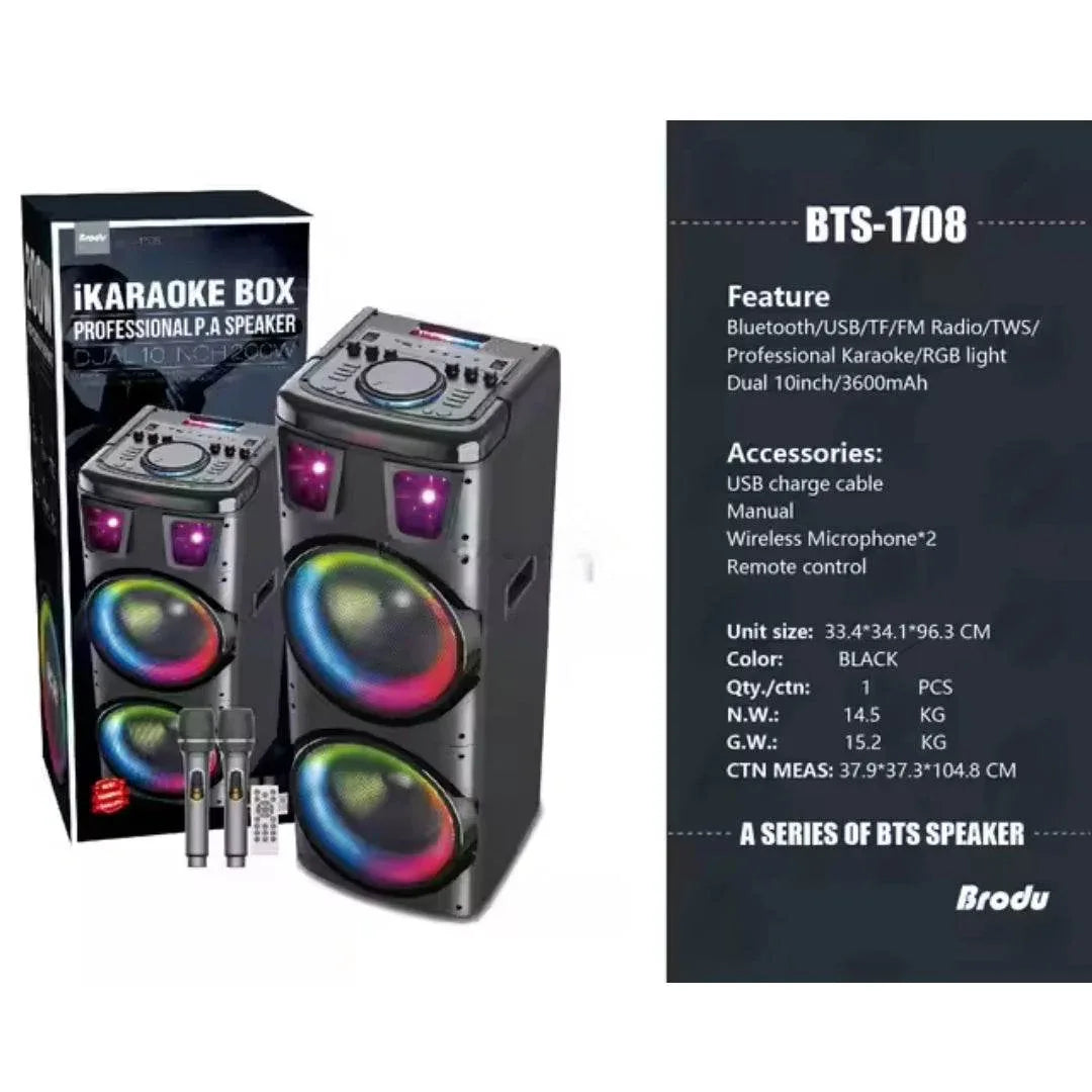 Bts-1708 kablosuz bluetooth hoparlör | 200w güç, çift hoparlör & mikrofon, rgb ışıklı, 3600mah batarya, tws destekli, usb/tf/fm