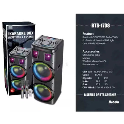 Bts-1708 kablosuz bluetooth hoparlör | 200w güç, çift hoparlör & mikrofon, rgb ışıklı, 3600mah batarya, tws destekli, usb/tf/fm