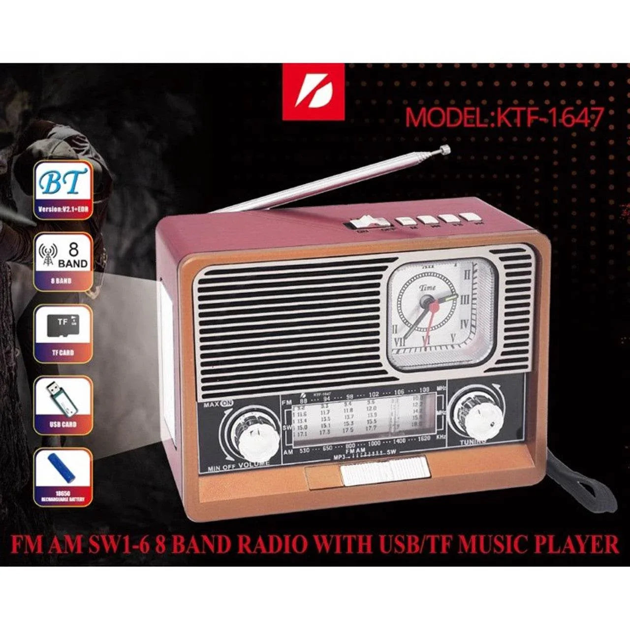 Ktf 1647 fm am radyo usb hafııza kart destekli saatli bluetooth hoperlör