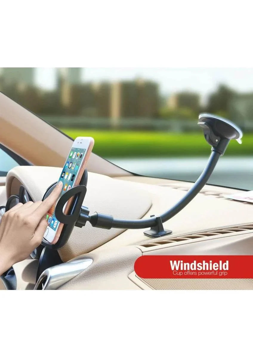 Dirsek destekli uzun yaylı kollu vantuzlu torpido ve cama takılabilir vakumlu 360 derece ayarlanabilir araç içi telefon tutucu