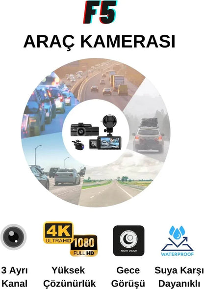 F6 4K 1080P Monitörlü Gece Görüşlü 3 Kanal WİFİ/GPS li döngü kayıtlı Araç Iç Dış Kamera - G6T