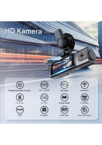 K17 ARAÇ İÇİ kamera EKRANLI 4K UHD ÖN-ARKA-İÇ KAMERA Gece Görüş, Çift Lens Dashcam Kayıt - G6R