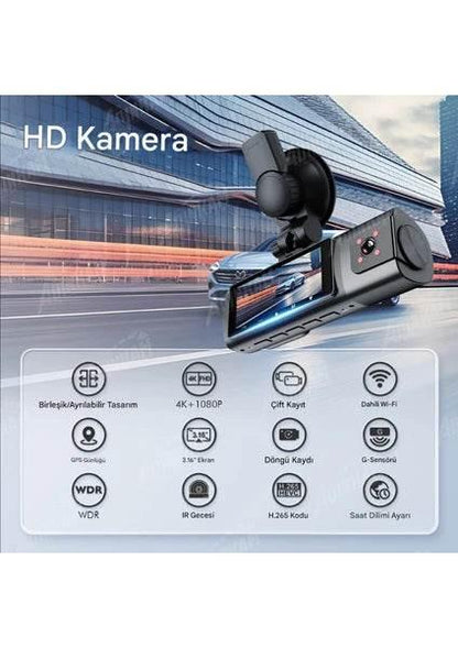 K17 ARAÇ İÇİ kamera EKRANLI 4K UHD ÖN-ARKA-İÇ KAMERA Gece Görüş, Çift Lens Dashcam Kayıt - G6R