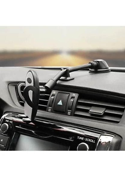 Dirsek destekli uzun yaylı kollu vantuzlu torpido ve cama takılabilir vakumlu 360 derece ayarlanabilir araç içi telefon tutucu