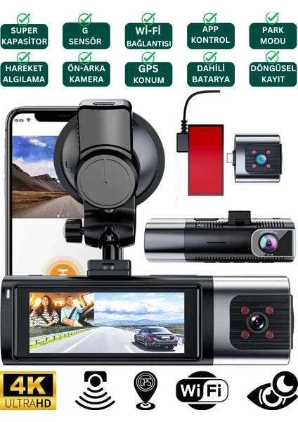 K17 ARAÇ İÇİ kamera EKRANLI 4K UHD ÖN-ARKA-İÇ KAMERA Gece Görüş, Çift Lens Dashcam Kayıt - G6R