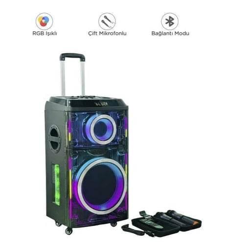 Pte12h kablosuz hoparlör | 800w güç, çift mikrofonlu, 4 tekerlekli, çekçekli, rgb ışıklı, güçlü bass ve yüksek ses,tws destekli, usb/tf/fm