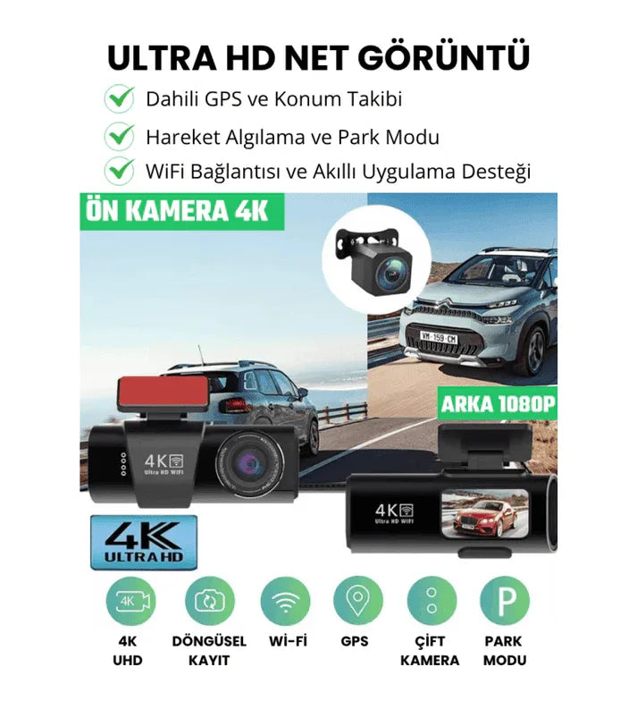 WİFİ çift ön arka 4K Araç içi Güvenlik Kamerası + Park Modu Kablosu Çift Kamera Kayıt Cihazı GPS Gece Görüşü mikrofonlu dash cam - G5V