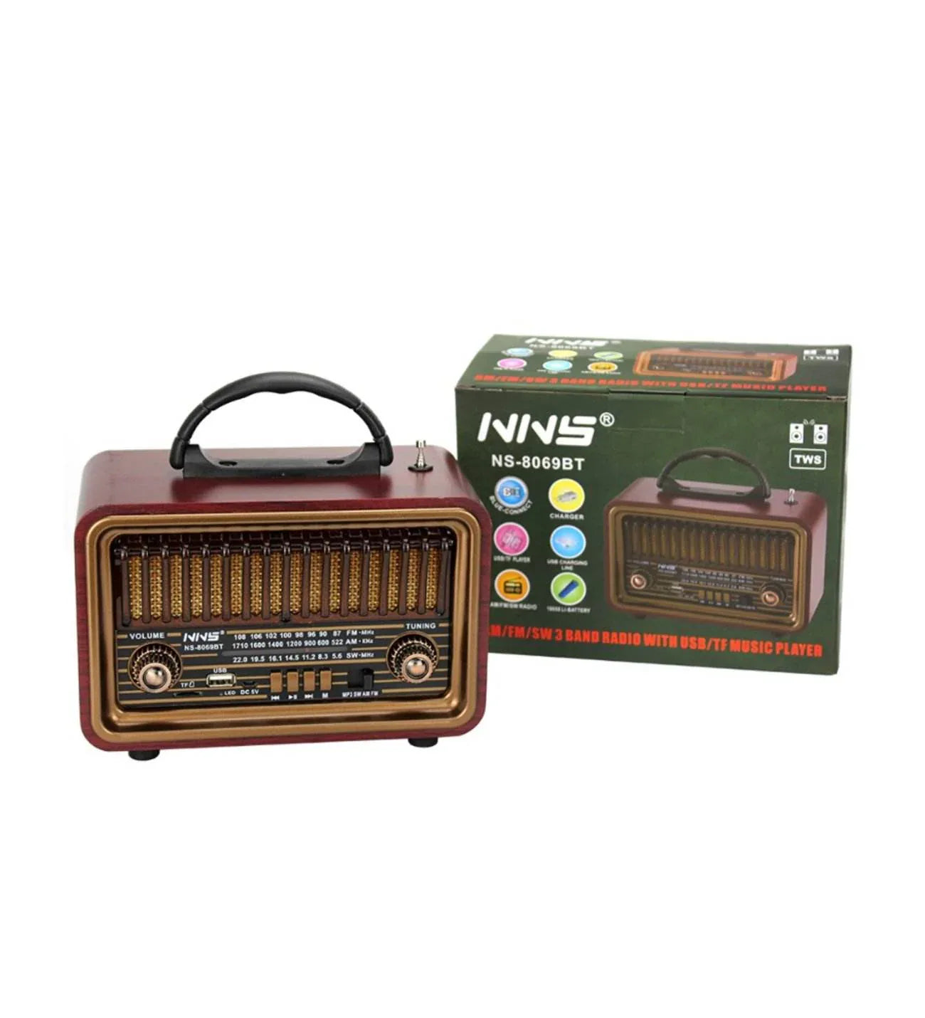 Nns ns-3315bt nostaljik tws tf/am/fm/radyo/usb destekli 18650 mah bluetooth hoparlör