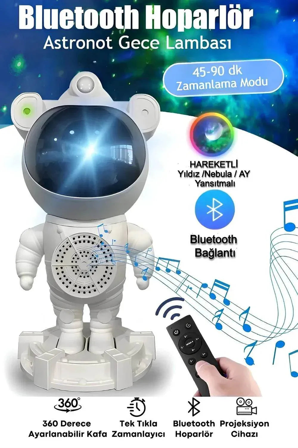 Astronot bluetooth hoparlör | gökyüzü ışık yansıtmalı, kumandalı, 360° döner gece lambası