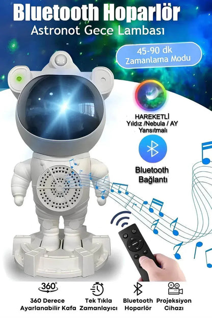 Astronot bluetooth hoparlör | gökyüzü ışık yansıtmalı, kumandalı, 360° döner gece lambası
