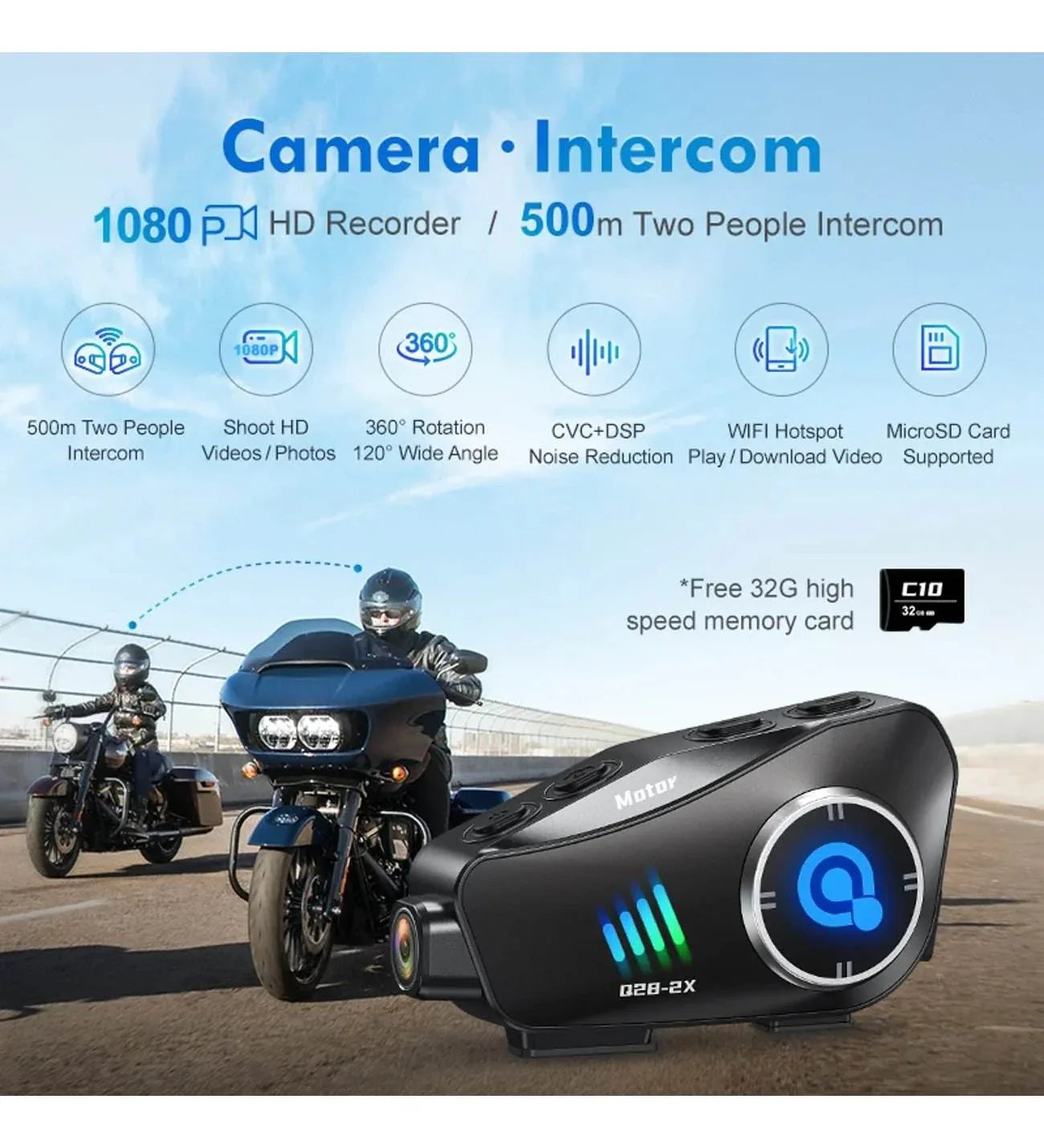 Q28 1080P kameralı Intercom +32GB SD Kartlı Bluetooth Motorsiklet Kask Kulaklığı İnterkom su geçirmez - G6O