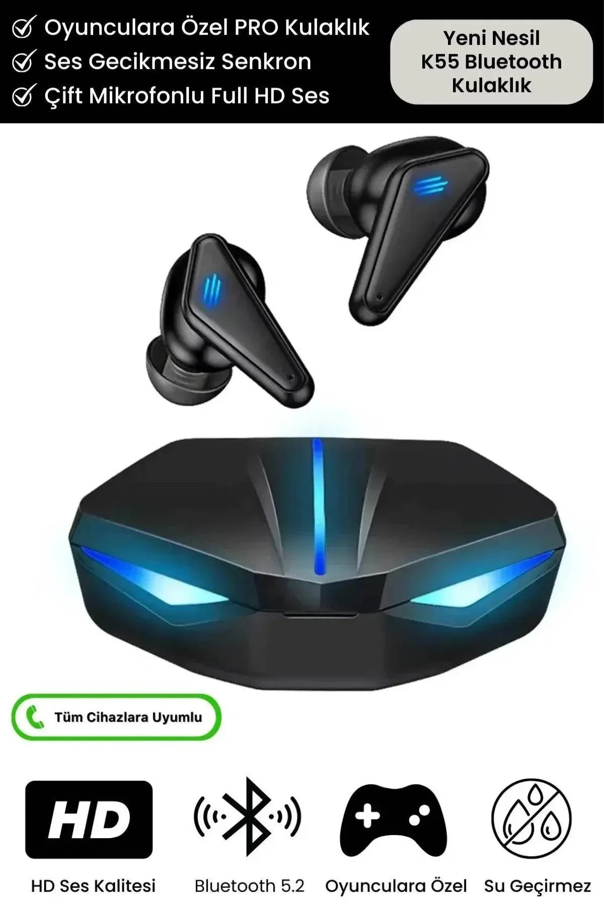 K55 kulak içi oyuncu led ışıklı mikrofonlu dokunmatik 5,0v gecikmesiz bluetooth kulaklık