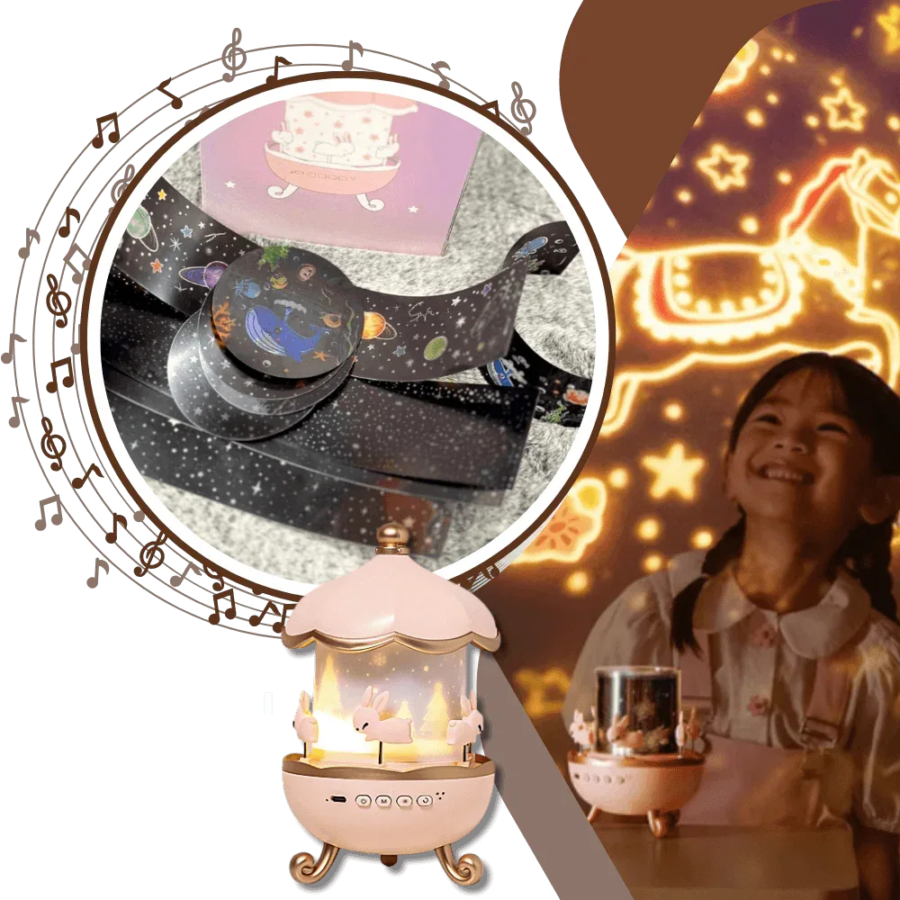 Tavşan Atlıkarınca Gece Lambası Projektörü bluetooth hoparlör, 6'lı Set Filmli Dönen LED Lamba, Büyülü Bir Çocuk Odası Atmosferi için Yıldız Projeksiyon Işığı, Çocuk Odası Dekoru için Döndürülebilir Tavşan Gece Lambası