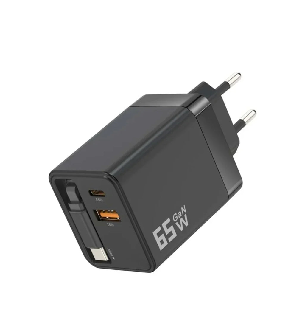 65W Uzayabilir Kablolu Super Fast Charger Çift Girişli Hızlı Şarj Cihazı - Güvenli ve Anti-Statik Koruma Adaptörü