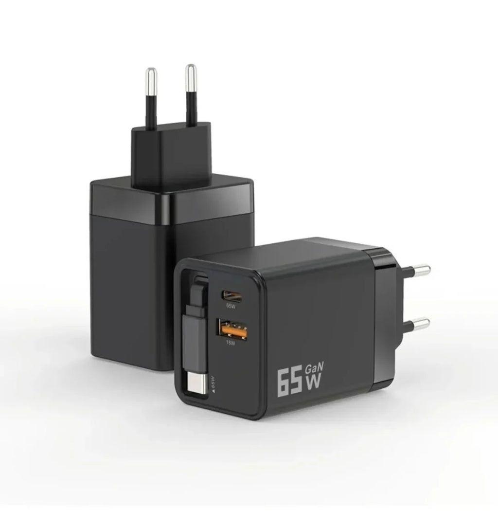 65W Uzayabilir Kablolu Super Fast Charger Çift Girişli Hızlı Şarj Cihazı - Güvenli ve Anti-Statik Koruma Adaptörü