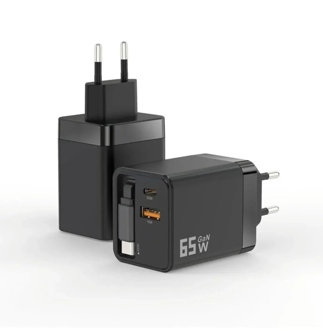 65W Uzayabilir Kablolu Super Fast Charger Çift Girişli Hızlı Şarj Cihazı - Güvenli ve Anti-Statik Koruma Adaptörü