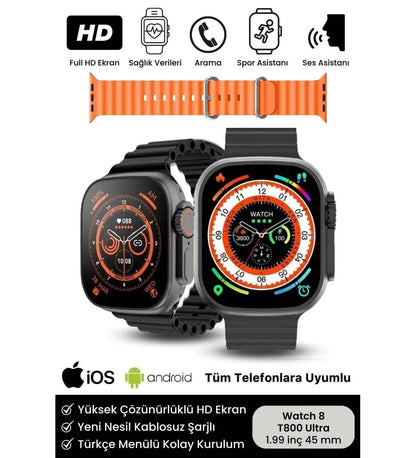 T800 ultra 49mm 1,99” ekranlı akıllı saat – çift kordon, ios & android uyumlu